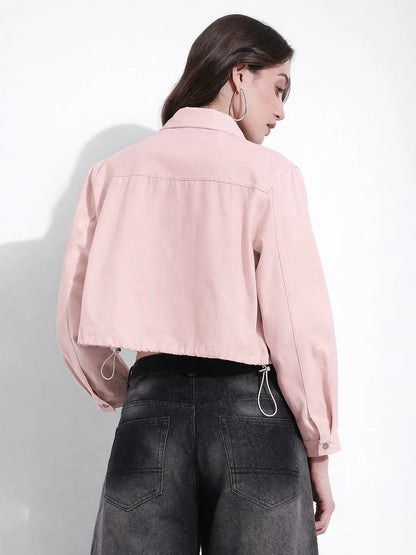 Women's Pink Cropped Denim Jacket with Elasticated Hem