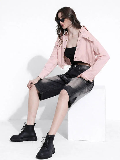 Women's Pink Cropped Denim Jacket with Elasticated Hem