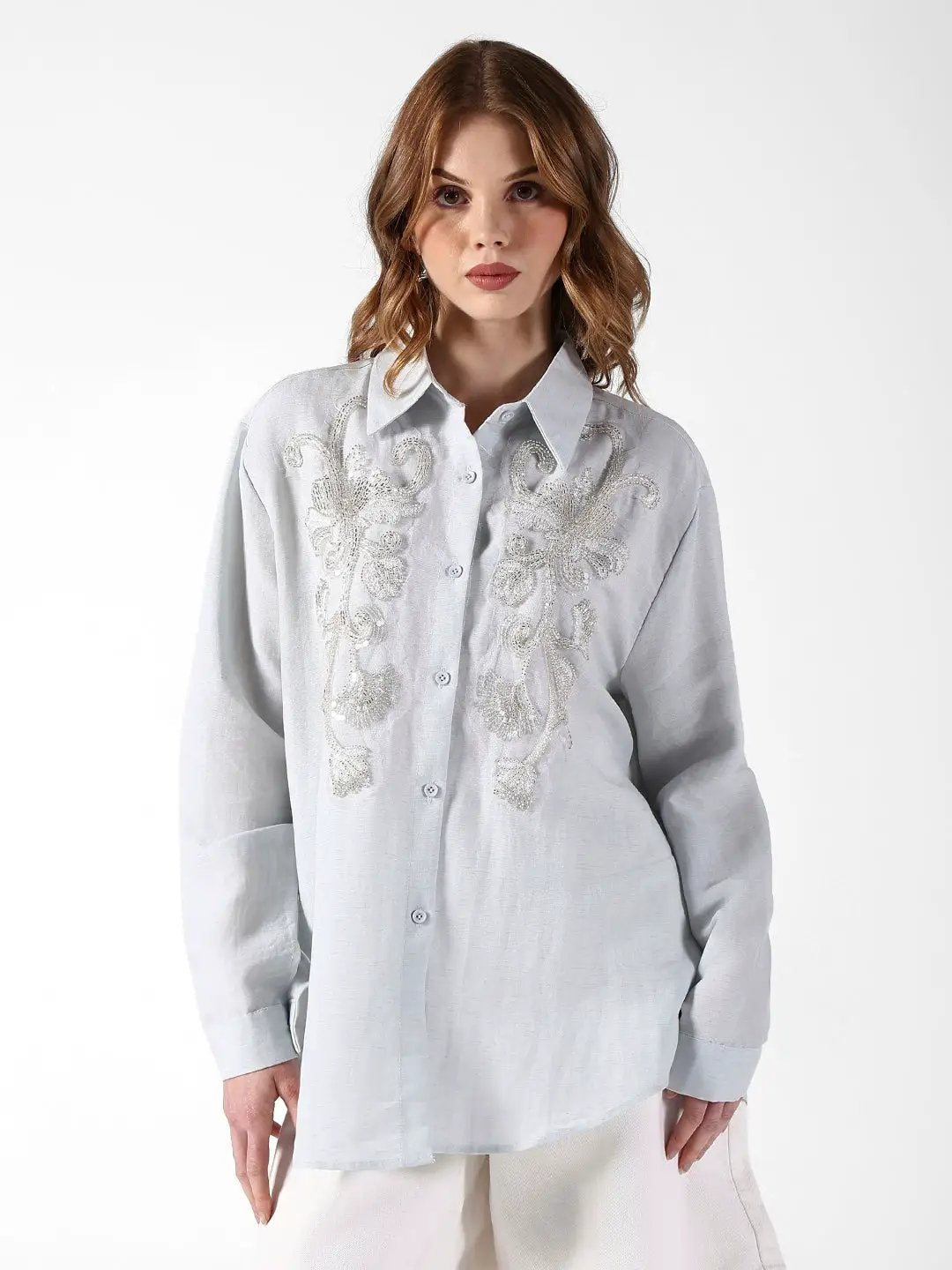 Women's Embellished Grey Shirt with Sequin Floral Detail