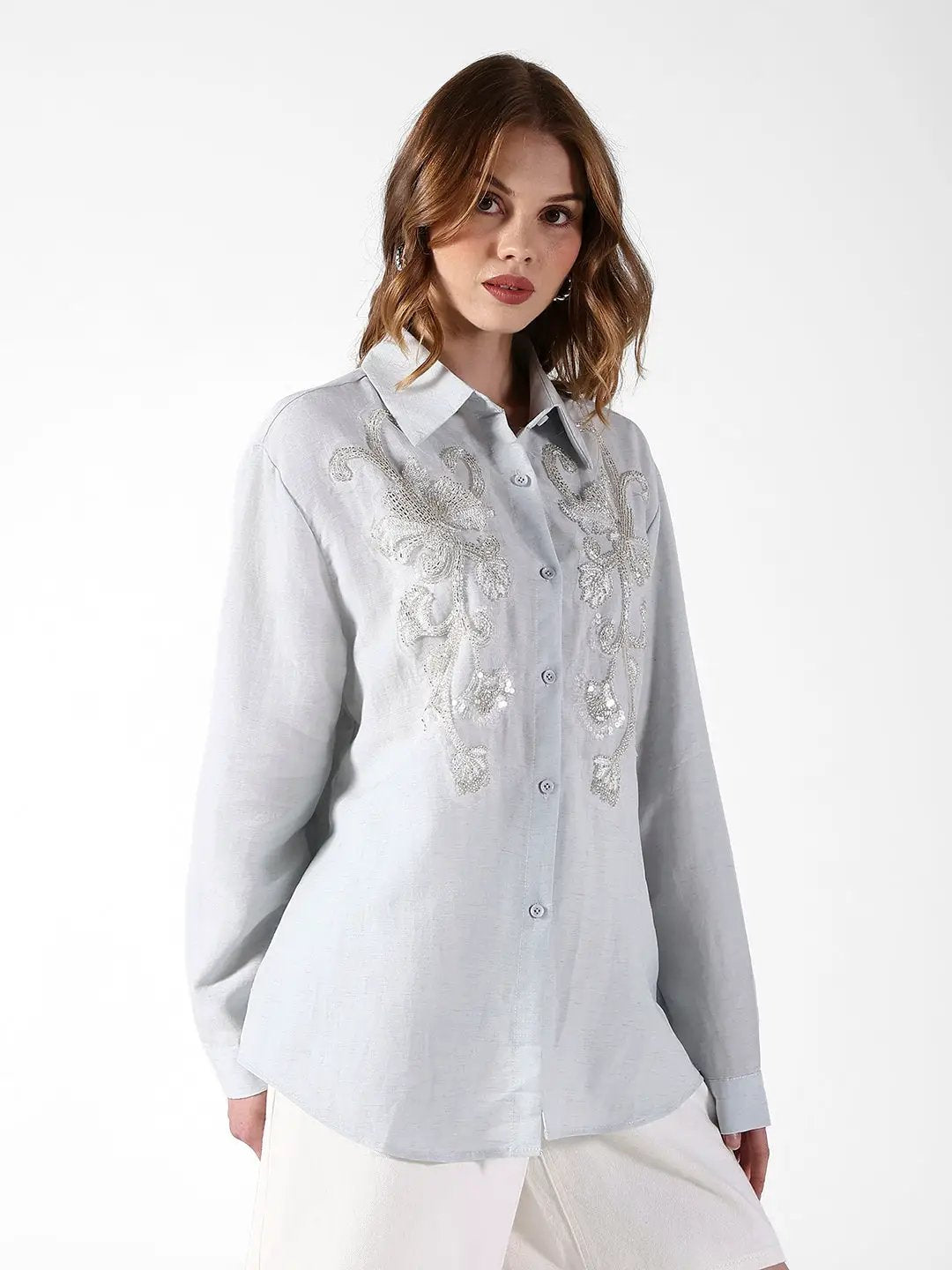Women's Embellished Grey Shirt with Sequin Floral Detail