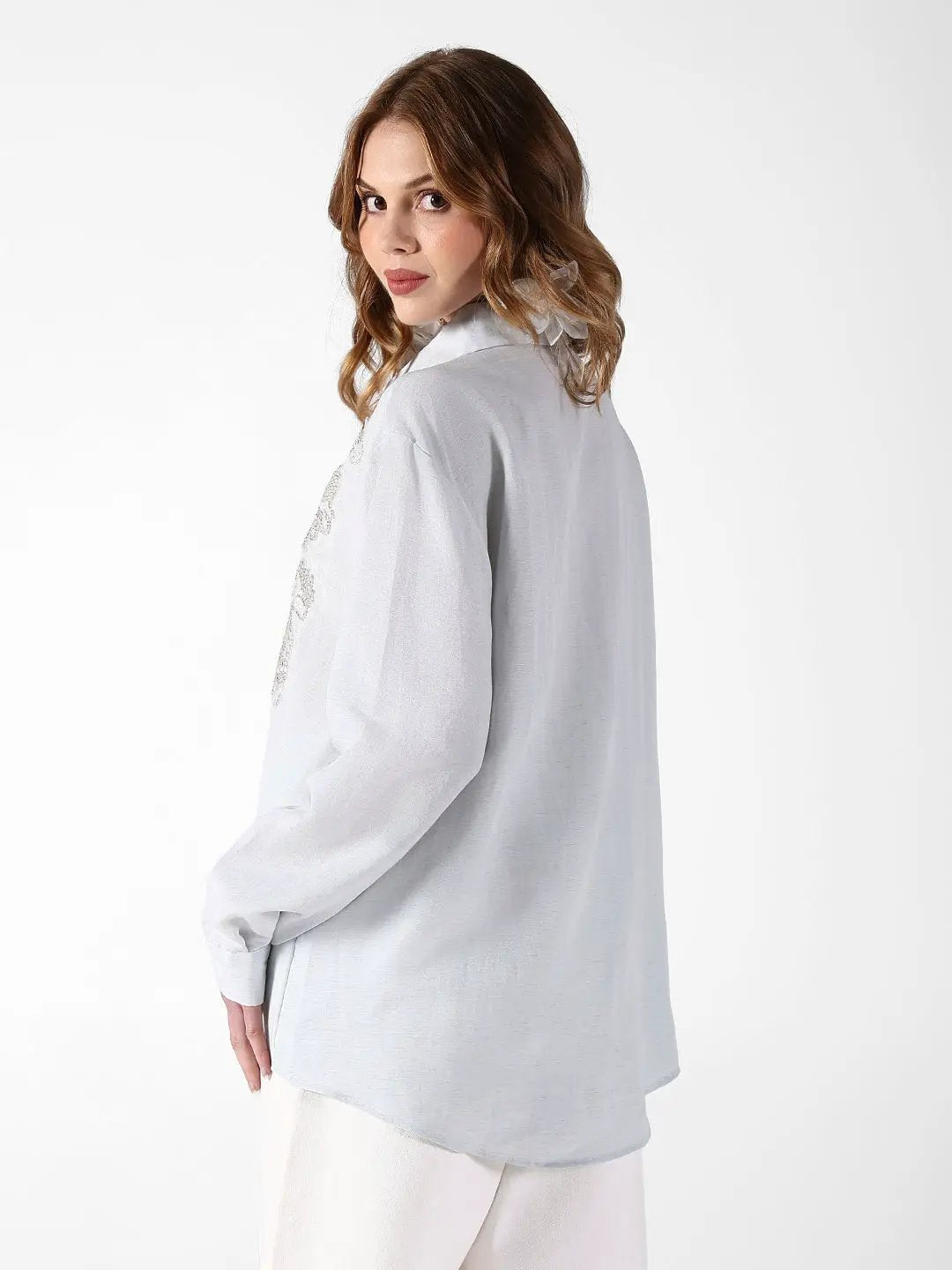 Women's Embellished Grey Shirt with Sequin Floral Detail