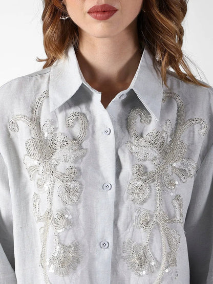 Women's Embellished Grey Shirt with Sequin Floral Detail