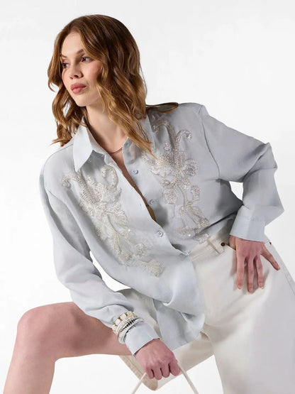 Women's Embellished Grey Shirt with Sequin Floral Detail