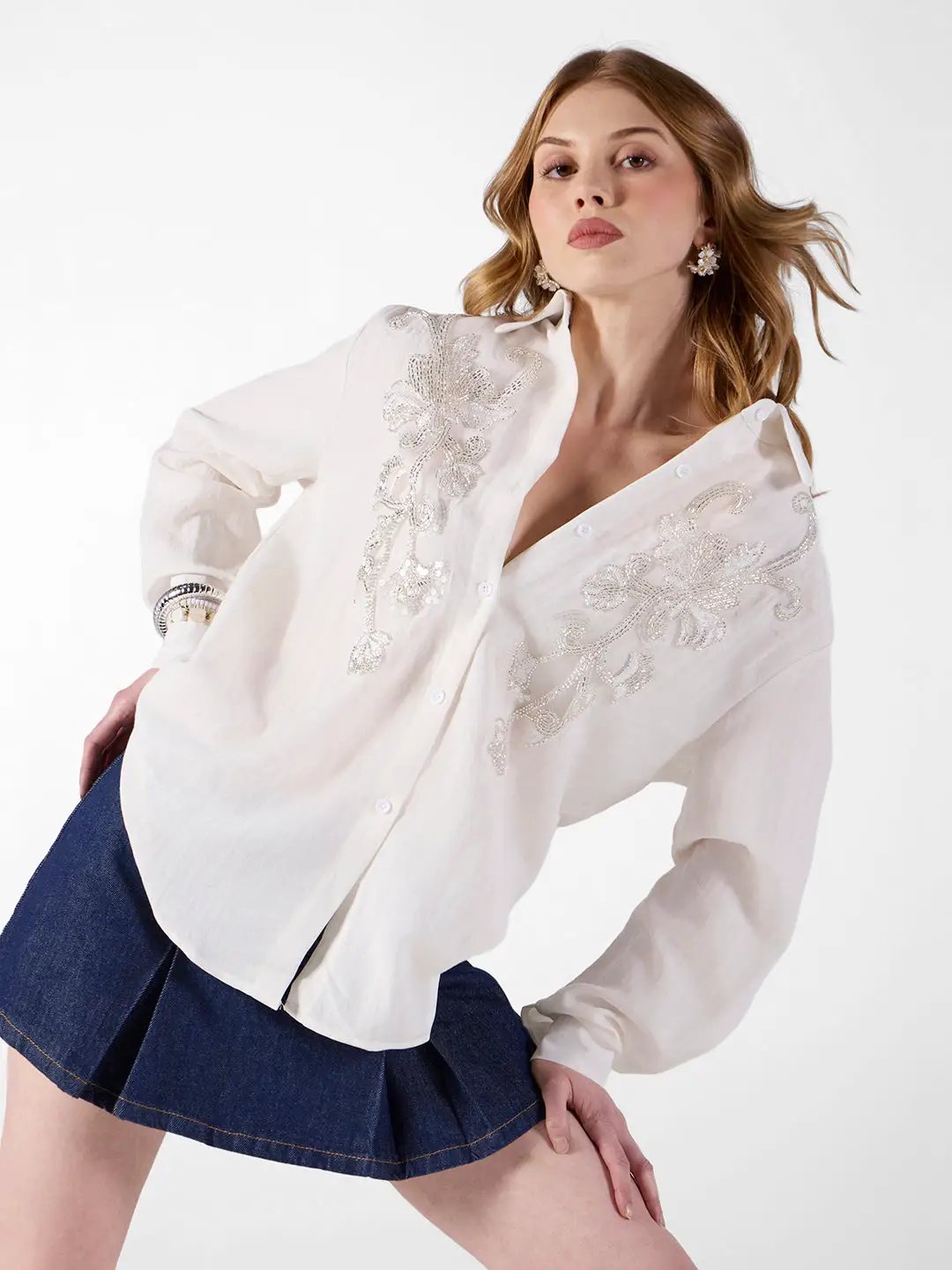 Women's Embellished Off White Shirt with Sequin Floral Detail