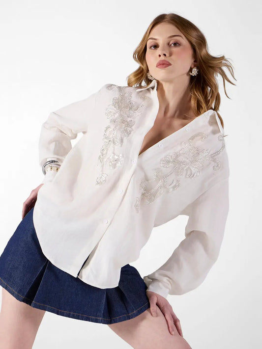 Women's Embellished Off White Shirt with Sequin Floral Detail