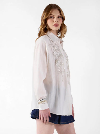 Women's Embellished Off White Shirt with Sequin Floral Detail