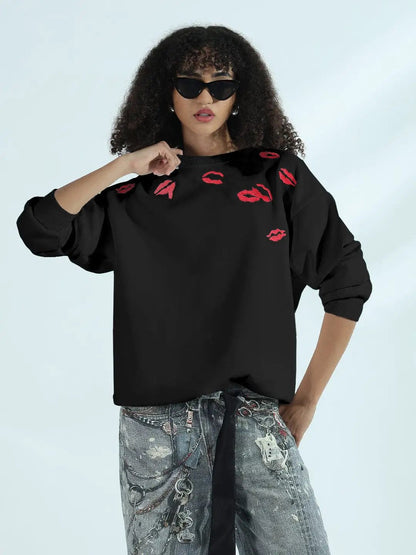 Women's Black Oversized Round Neck Sweatshirt with Kiss Marks