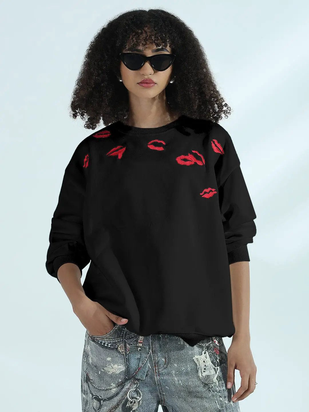 Women's Black Oversized Round Neck Sweatshirt with Kiss Marks