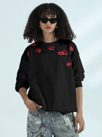 Women's Black Oversized Round Neck Sweatshirt with Kiss Marks