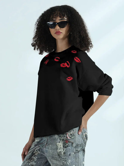 Women's Black Oversized Round Neck Sweatshirt with Kiss Marks