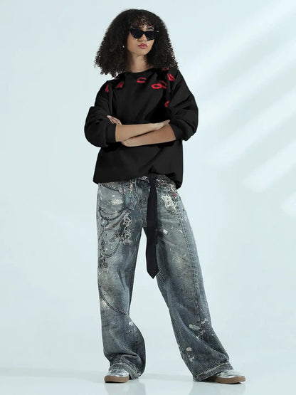 Women's Black Oversized Round Neck Sweatshirt with Kiss Marks