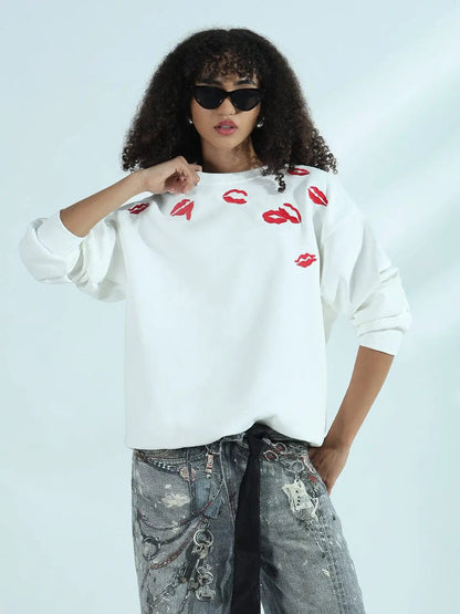 Women's White Oversized Round Neck Sweatshirt with Kiss Marks