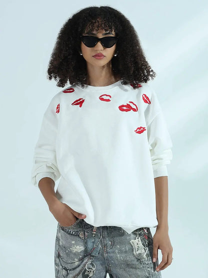 Women's White Oversized Round Neck Sweatshirt with Kiss Marks