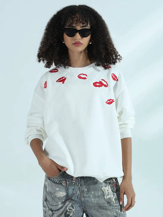 Women's White Oversized Round Neck Sweatshirt with Kiss Marks