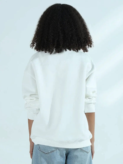 Women's White Oversized Round Neck Sweatshirt with Kiss Marks