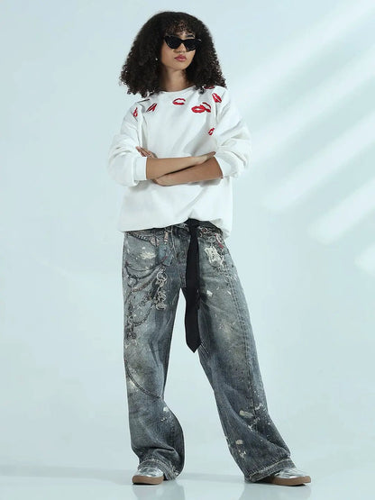Women's White Oversized Round Neck Sweatshirt with Kiss Marks