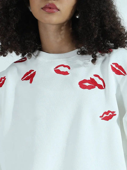 Women's White Oversized Round Neck Sweatshirt with Kiss Marks