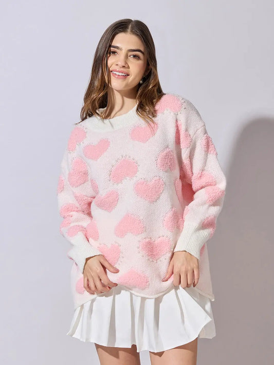 Women's Light Pink Oversized Sweater with Textured Hearts and Pearls