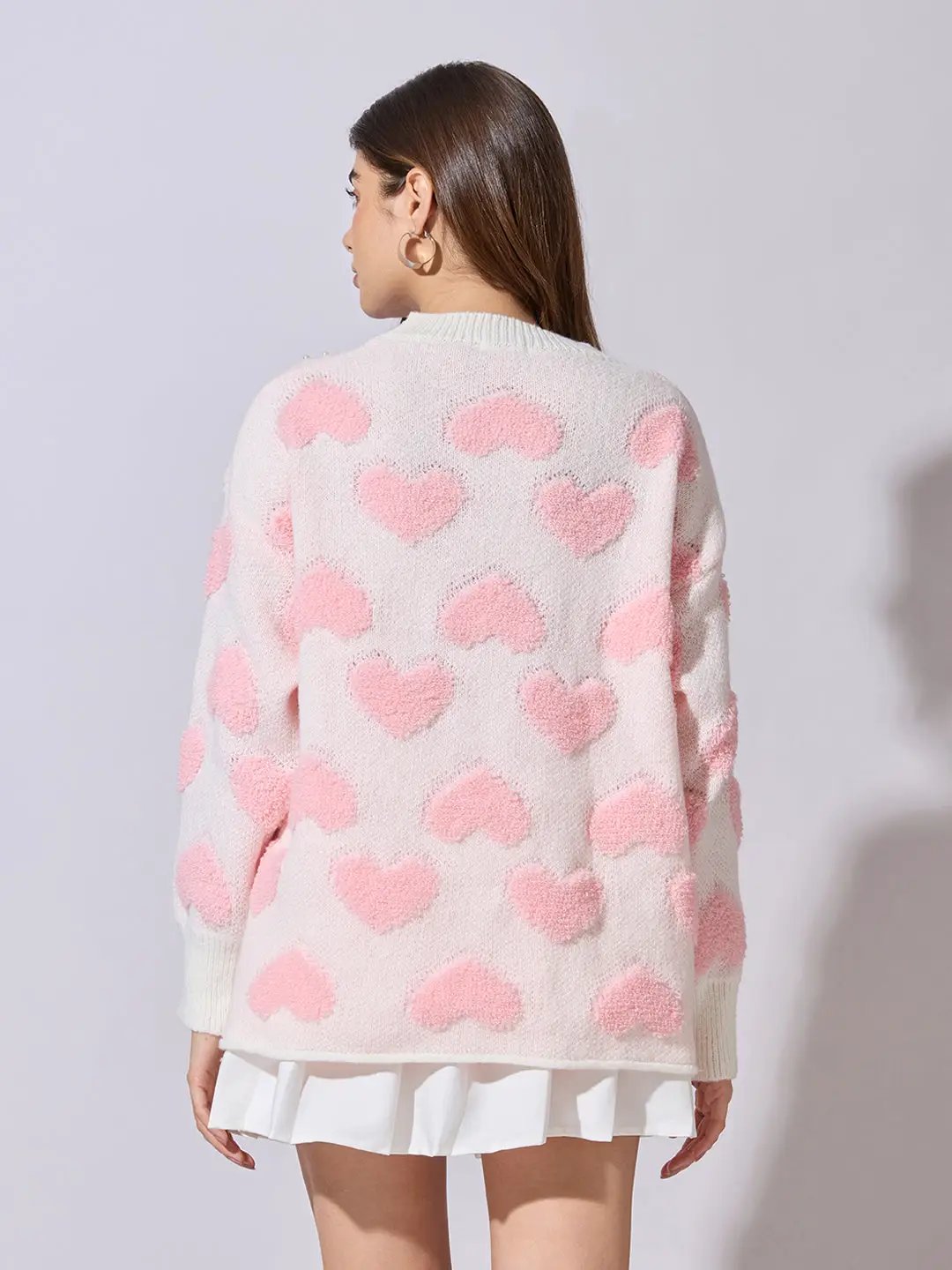 Women's Light Pink Oversized Sweater with Textured Hearts and Pearls