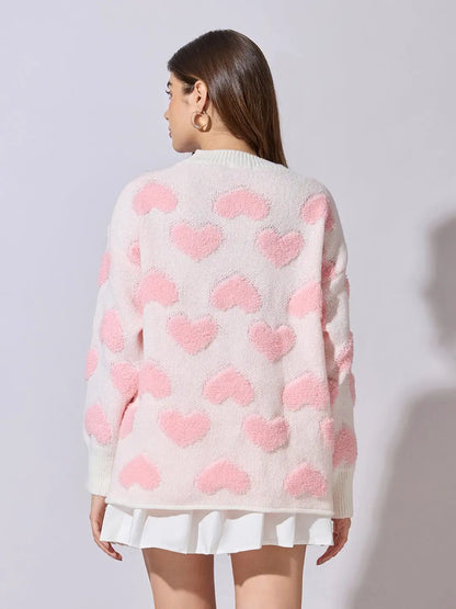 Women's Light Pink Oversized Sweater with Textured Hearts and Pearls
