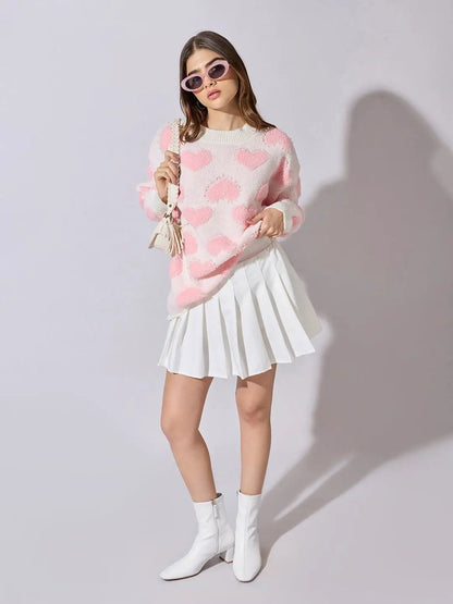 Women's Light Pink Oversized Sweater with Textured Hearts and Pearls
