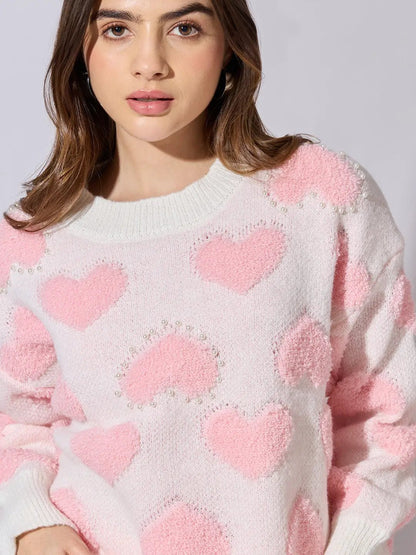 Women's Light Pink Oversized Sweater with Textured Hearts and Pearls