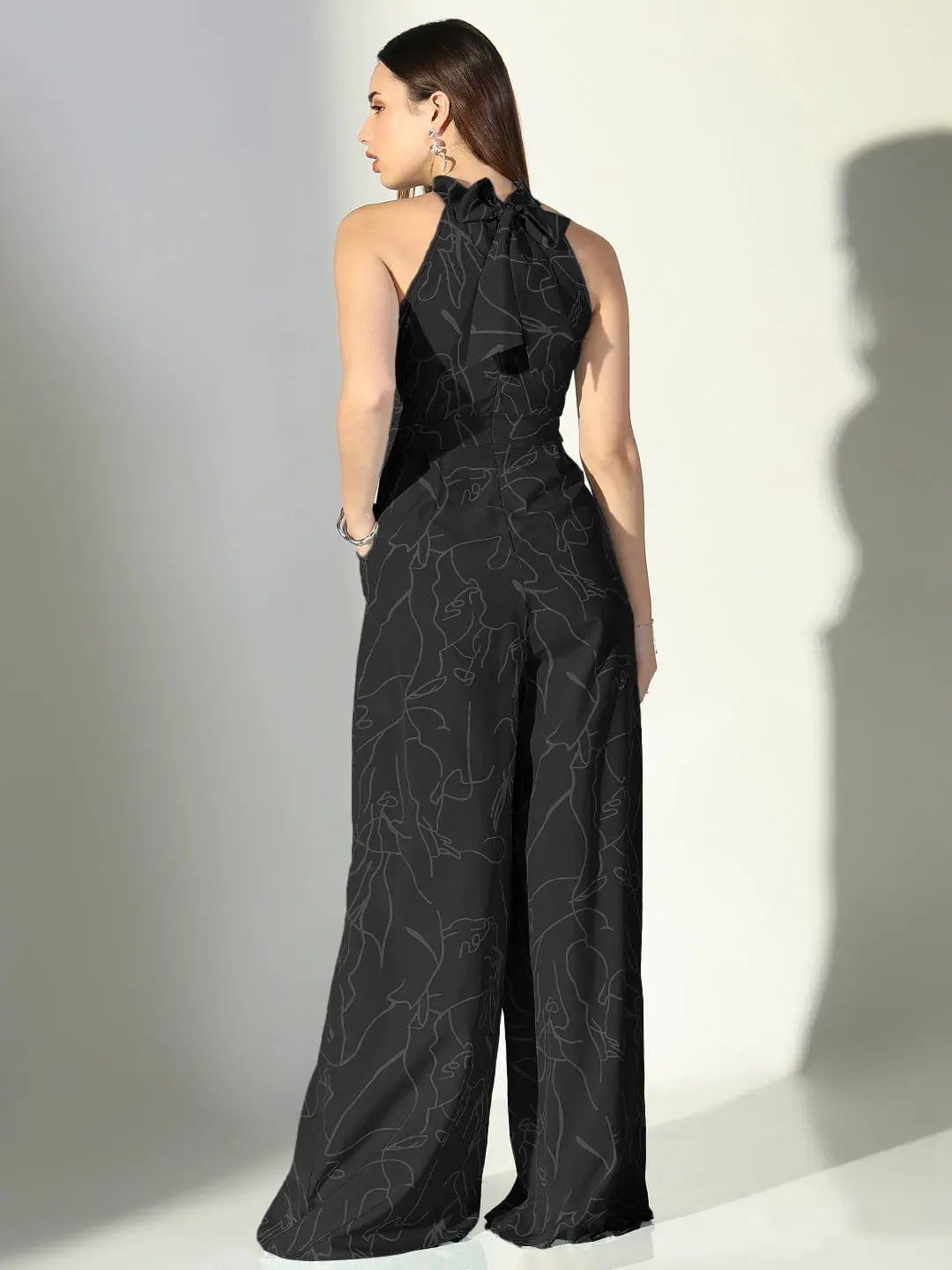 Women's Abstract Print Black Halter Neck Jumpsuit