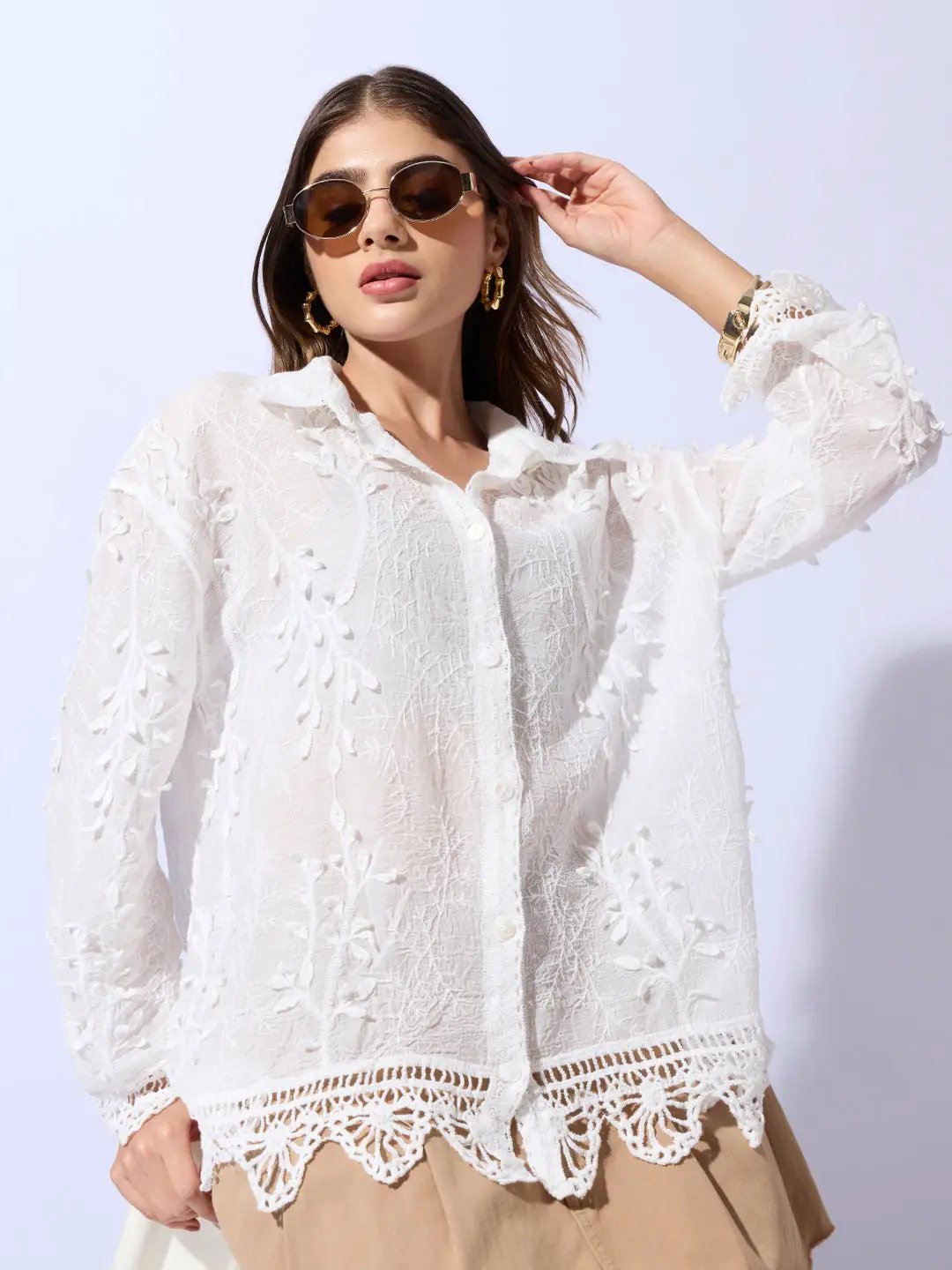 Women's Embroidered White Shirt with Lace Hem Detail