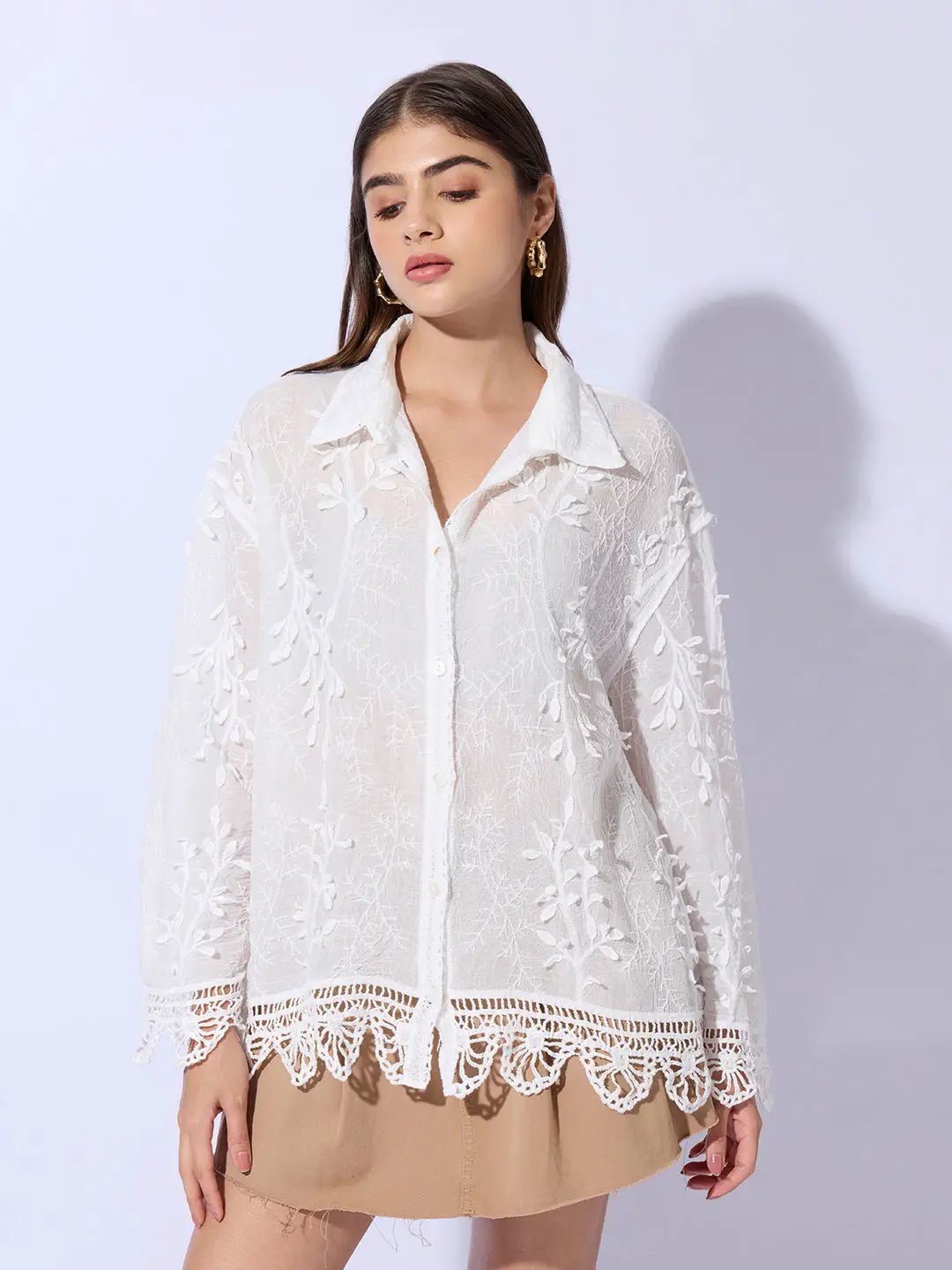 Women's Embroidered White Shirt with Lace Hem Detail