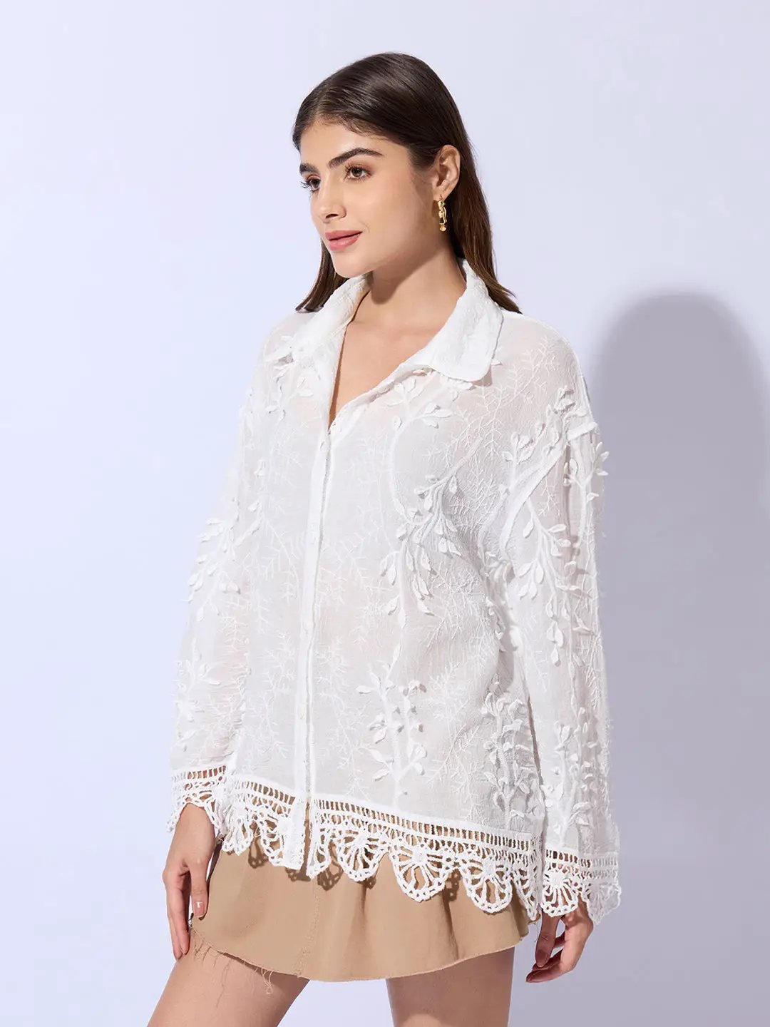 Women's Embroidered White Shirt with Lace Hem Detail