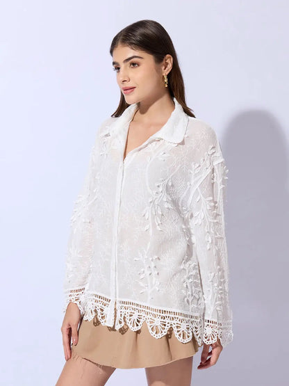 Women's Embroidered White Shirt with Lace Hem Detail