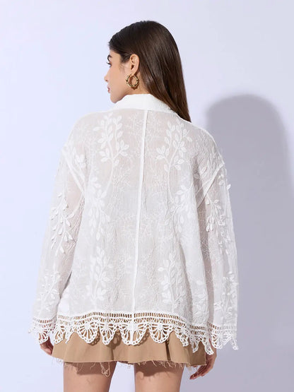 Women's Embroidered White Shirt with Lace Hem Detail