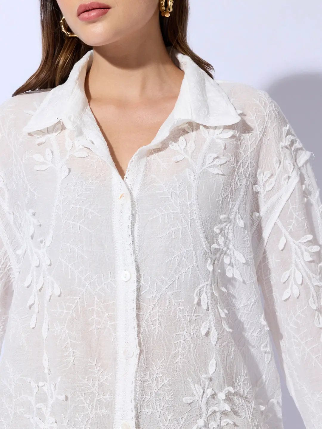 Women's Embroidered White Shirt with Lace Hem Detail