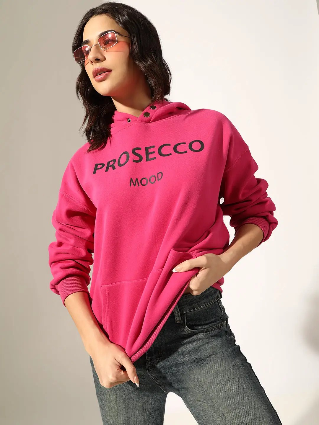 Women's Typography Pink Oversized Hoodie with Kangaroo Pocket