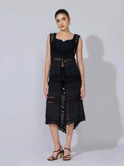Women's Crochet Black Sleeveless Longline Shrug with Tie-Up
