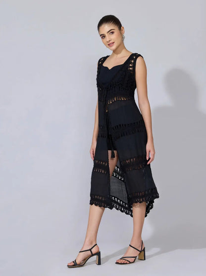 Women's Crochet Black Sleeveless Longline Shrug with Tie-Up
