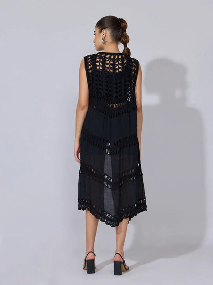 Women's Crochet Black Sleeveless Longline Shrug with Tie-Up
