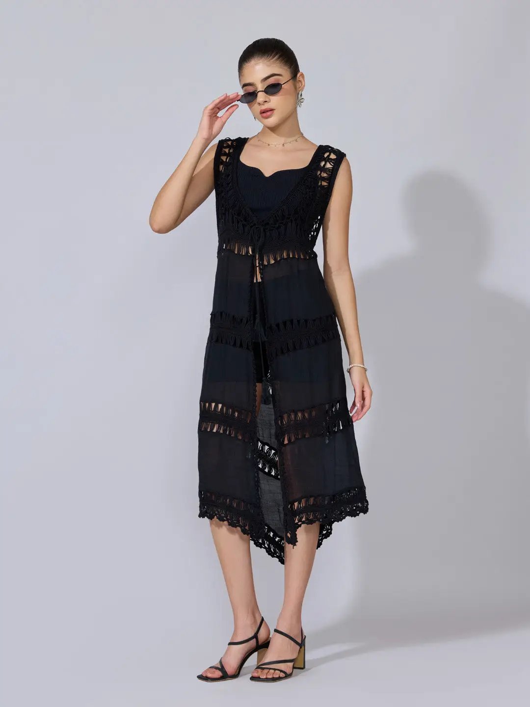 Women's Crochet Black Sleeveless Longline Shrug with Tie-Up