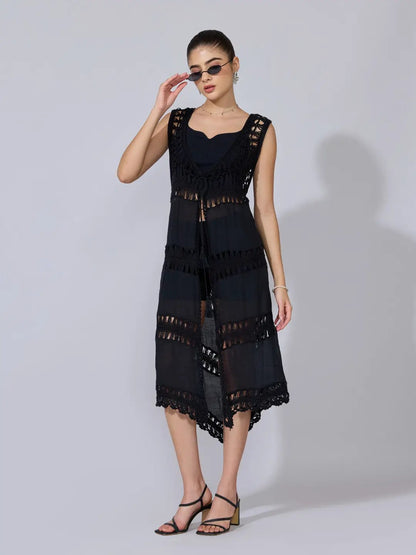 Women's Crochet Black Sleeveless Longline Shrug with Tie-Up