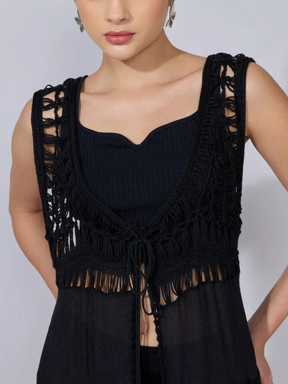 Women's Crochet Black Sleeveless Longline Shrug with Tie-Up