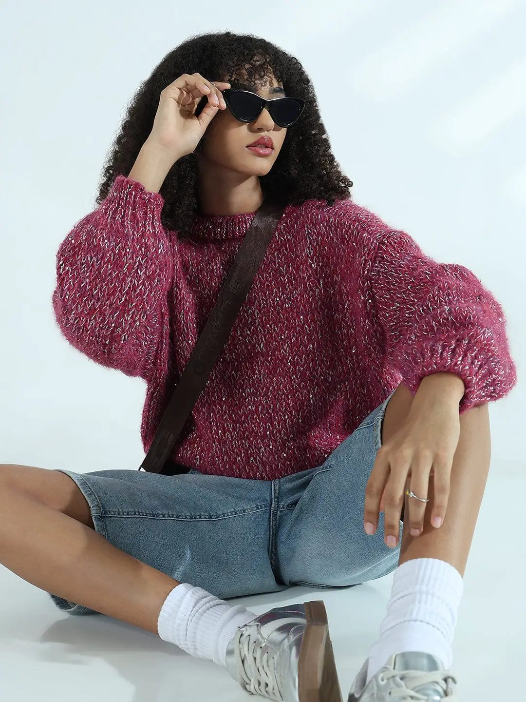 Women's Pink Oversized Sweater with Silver Detail