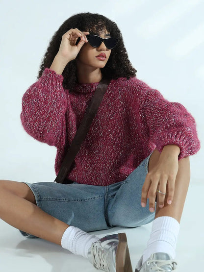Women's Pink Oversized Sweater with Silver Detail