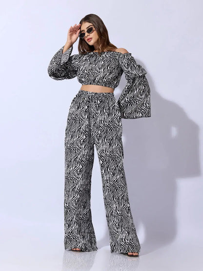 Women's Abstract Black Off-Shoulder Top with Trouser Co-ord Set