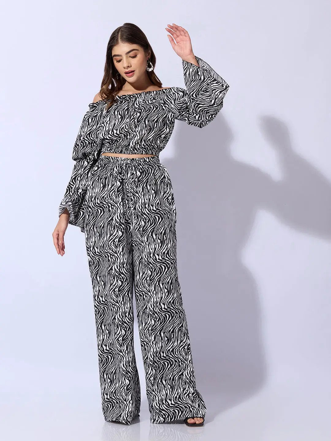 Women's Abstract Black Off-Shoulder Top with Trouser Co-ord Set