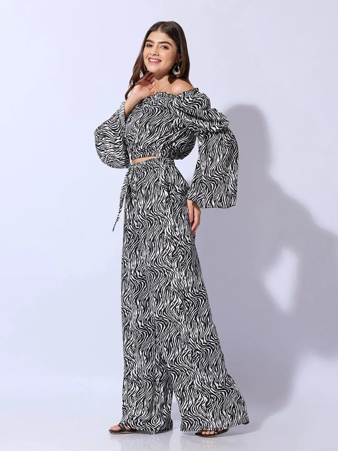 Women's Abstract Black Off-Shoulder Top with Trouser Co-ord Set
