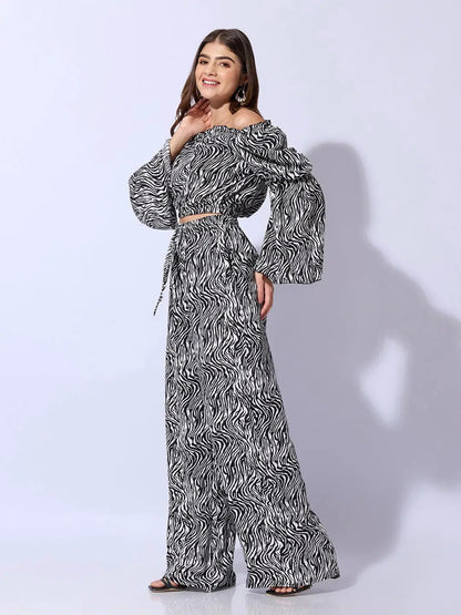 Women's Abstract Black Off-Shoulder Top with Trouser Co-ord Set