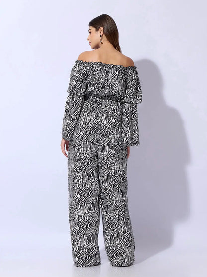 Women's Abstract Black Off-Shoulder Top with Trouser Co-ord Set