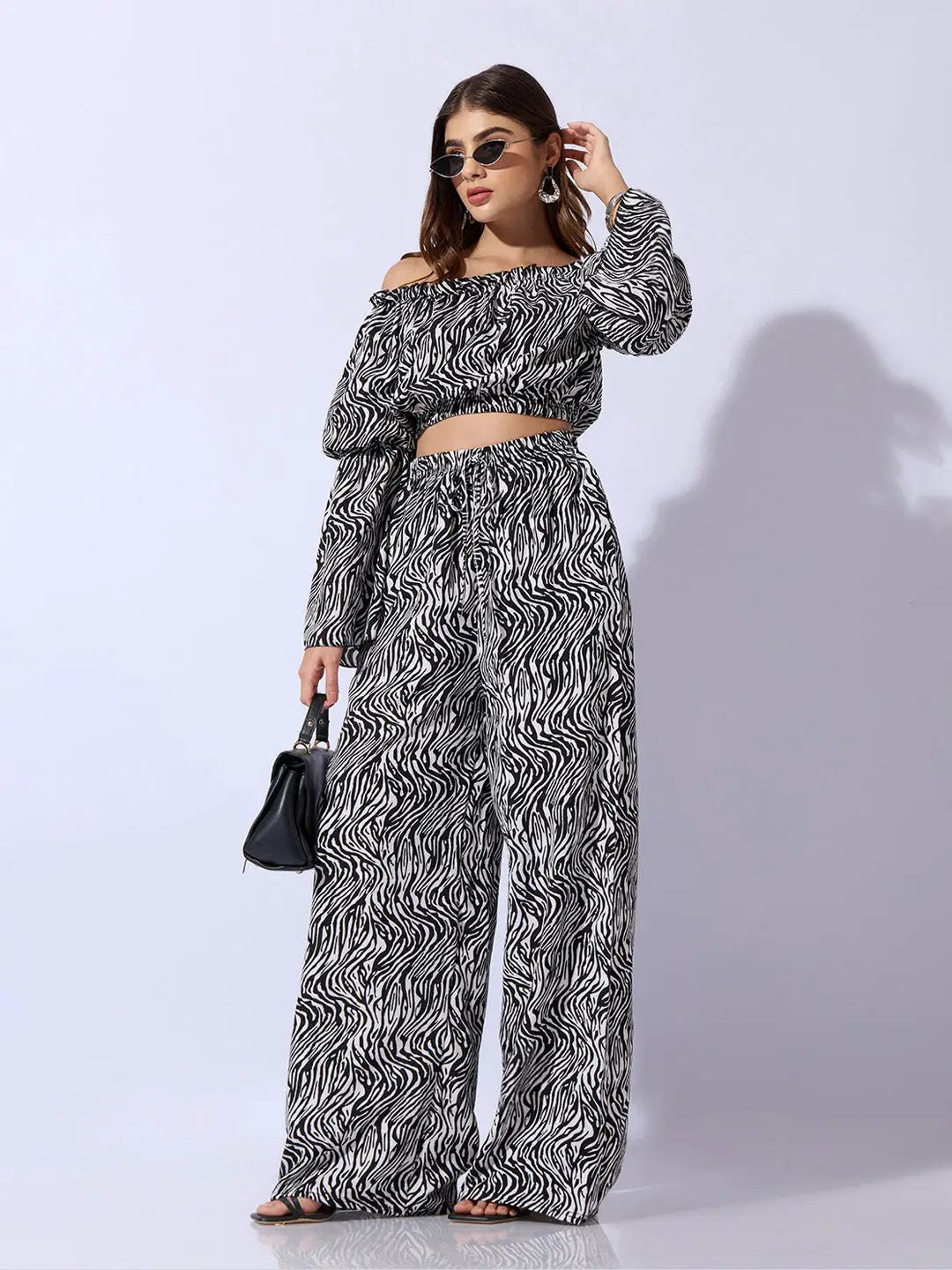 Women's Abstract Black Off-Shoulder Top with Trouser Co-ord Set