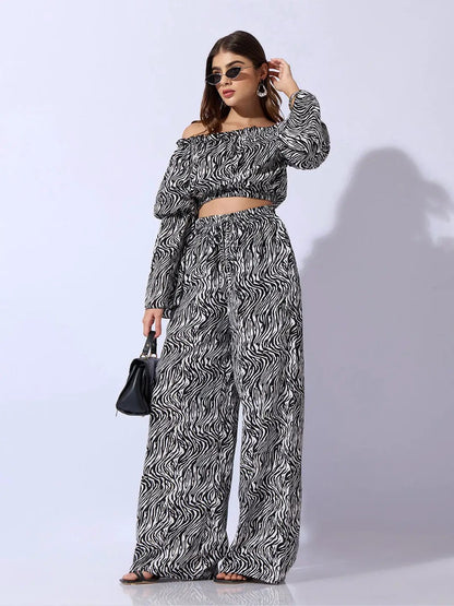 Women's Abstract Black Off-Shoulder Top with Trouser Co-ord Set
