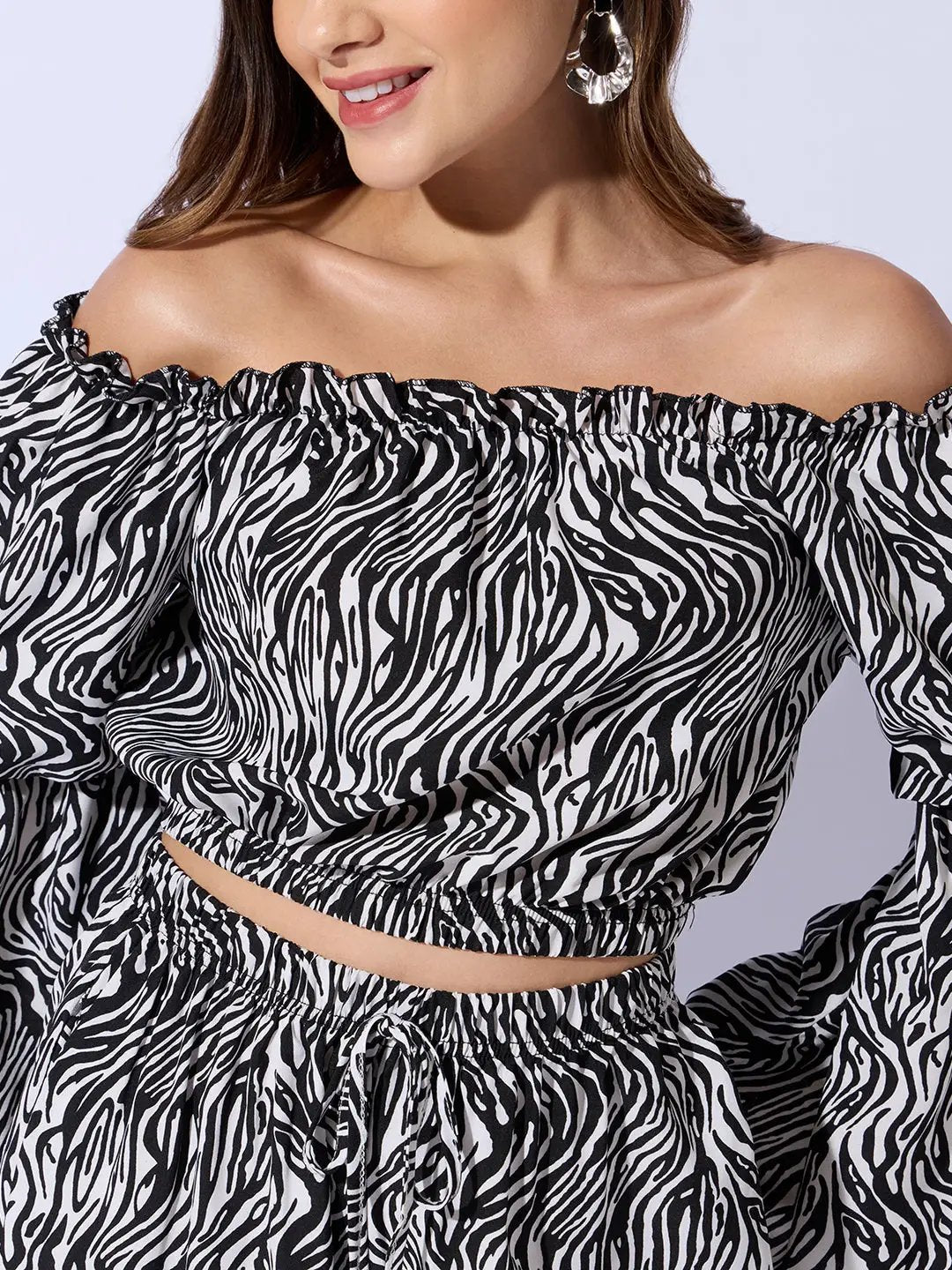 Women's Abstract Black Off-Shoulder Top with Trouser Co-ord Set